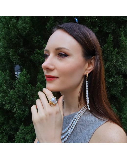 Farra White Freshwater Pearls Butterfly Knot And Tassel Asymmetric Earrings