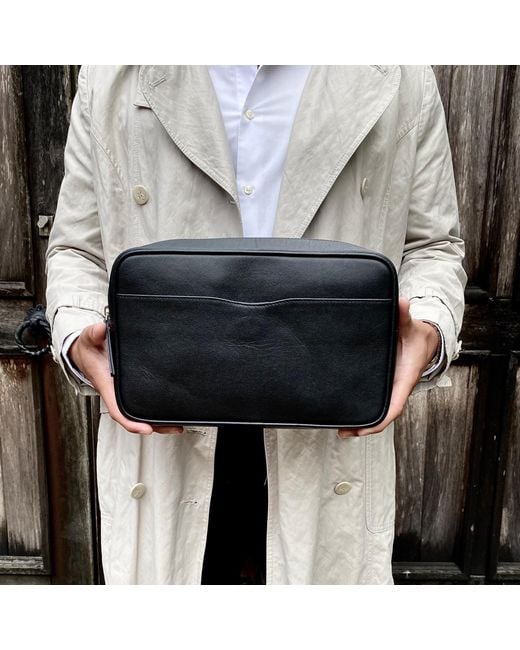 LeatherCo. Black Leather Top Zip Wash Bag for men