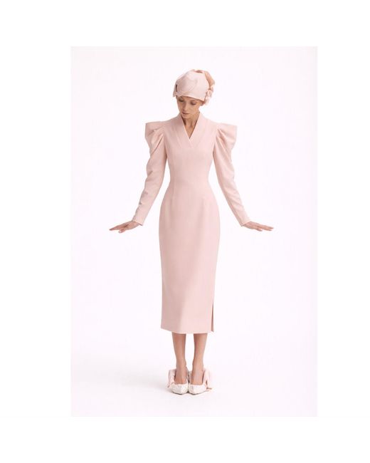 Julia Allert Pink Crepe Midi Dress With Statement Sleeves – Pale