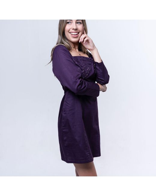 House of Gl Purple Amethyst Beaded Cotton Mini Dress With Sweetheart Neckline