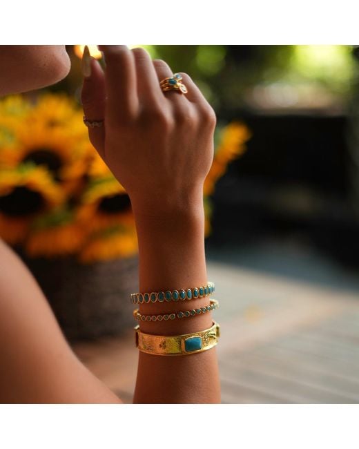 Ebru Jewelry Metallic Turquoise Gemstone Antique Gold Cuff Bracelet