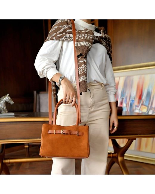 Harmain Leathers Ltd Brown The Suede East-West Buckle Tote Bag – Cognac Tan