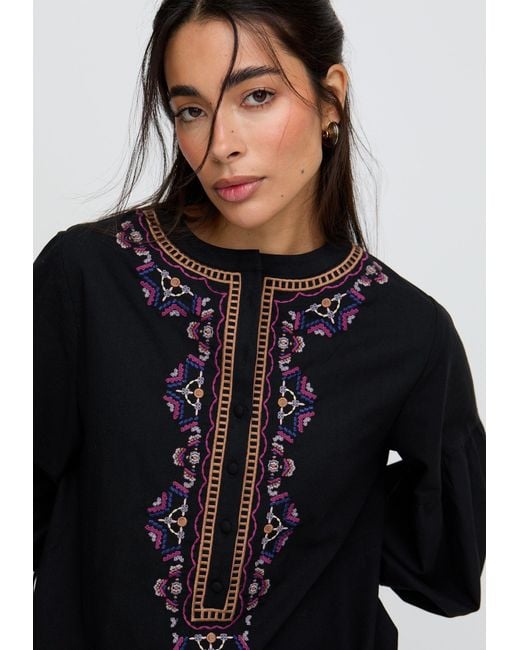 Raffya Black Anai Half Placket Embroidered Blouse