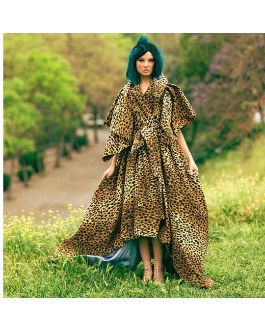 Miro Misljen Brown Leopard Print Dramatic Wrap Cape Coat