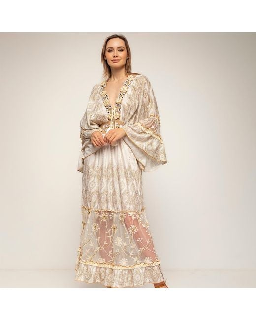 Tantra Spain Sl Natural Neutrals Long Block-Print Dress With Lace And Embroidery And Wide Sleeves Ecru