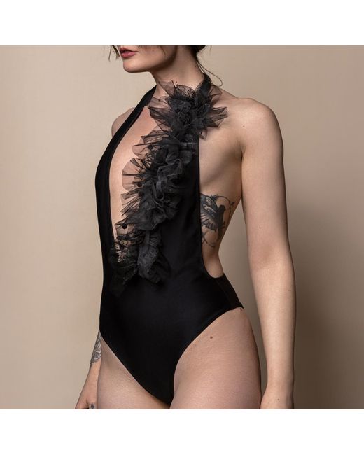 Belle -et-BonBon Black New Aprés Sun Collection Halterneck Swimsuit With Detachable Polka Dot Ruffle And Sequin Lace Ruffle