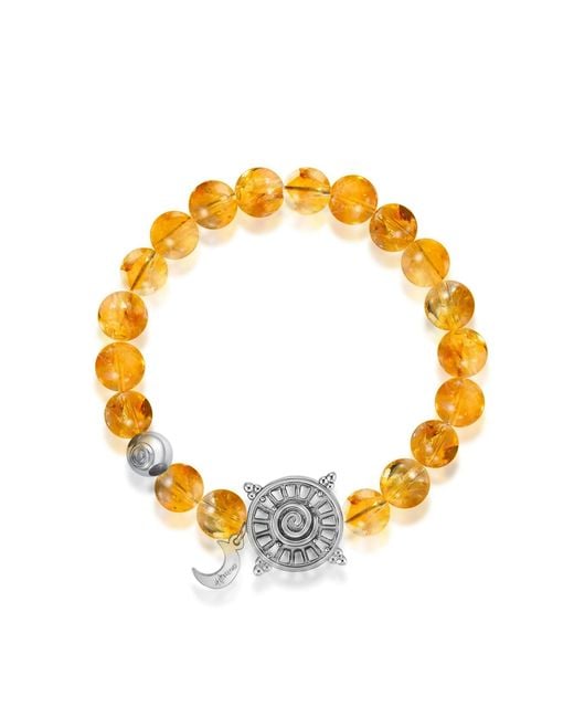 Aurozia Metallic Three Charms Solar Meridian Whitegold Plated Sundial And The Sun Crystal Citrine Beaded Bracelet