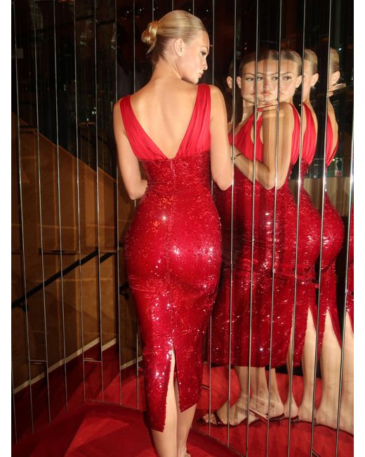 Miss Circle New York Red Shanelle Crimson Sequin Plunging Midi Dress