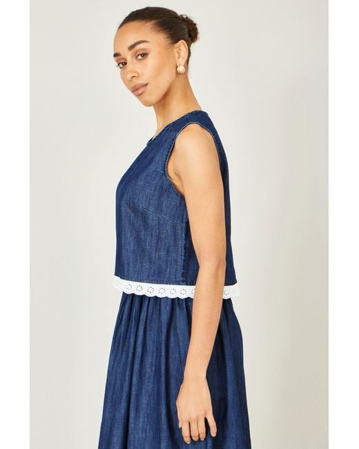 Yumi' Blue Cotton Chambray Top With Lace Trims