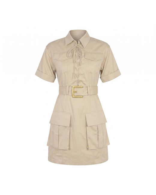 Modenaire Natural Neutrals Utility Mini Dress With Lace Up Front And Belted Waist Detail