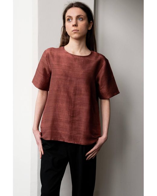 Stovaria Red Pure Silk Mocha Half Sleeve Blouse