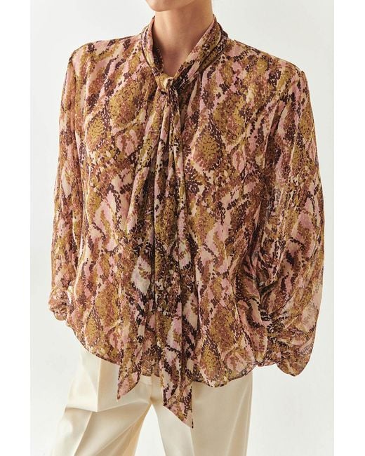 Exquise Natural Regular Scarf Neck Patterned Sariyah Blouse