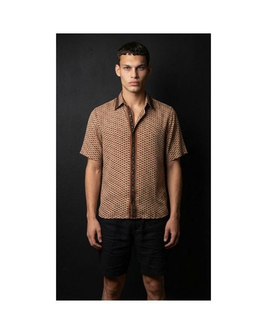 Monzlapur New York Brown Embossed Botanic Short Sleeve Crepe Shirt for men