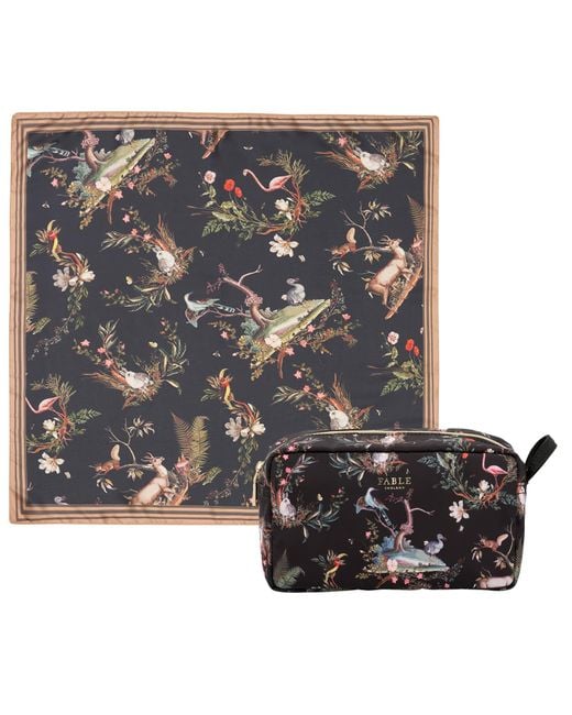 Fable England Gray Neutrals Wonderland Wash Bag & Wonderland Toile Square Scarf Set