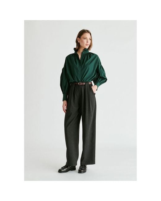 Paisie Green Puff Sleeve Shirt With Ruffled Collar