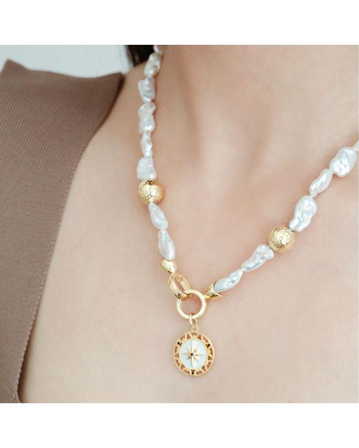 LINYA JEWELLERY Metallic North Star Medallion Pearl Necklace