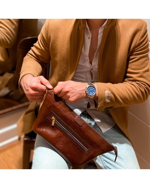 Time Resistance Brown Cognac Leather Cosmetic Bag Dopp Kit for men