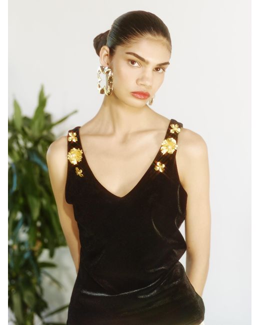 Sour Figs Black Floral Embellished Velvet Top