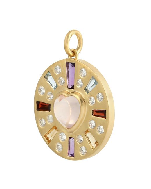 Artisan Metallic Multi Baguette & Heart Cut Gemstone With Bezel Set Diamond In 18k Gold Charm Pendant