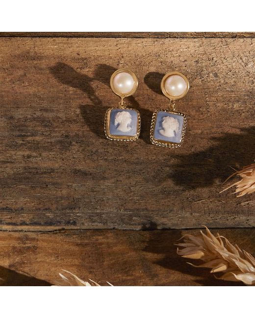 Vintouch Italy The Beloved Gold-plated Sky Blue Cameo And Pearl Earrings