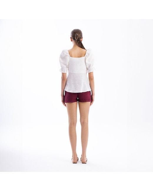 Haris Cotton White Linen Peplum Top With Puff Sleeves