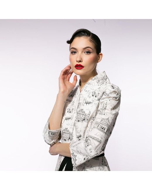 Larisa Dragna Gray Kimono-Collar Dress Featuring Romania's Iconic Buildings