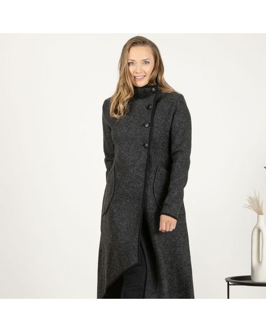 Nikka Place Black Asymmetrical Boiled Wool Cardigan With Buttons And High Neck