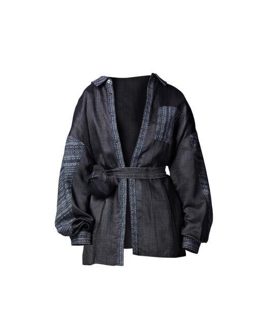 Story Wear Blue Geometric Patchwork Hidden-Button Shirt