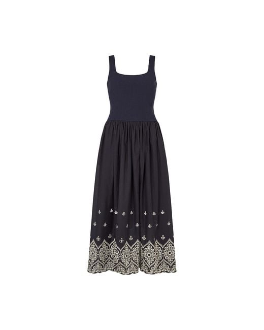 Lily and Lionel Blue Cora Sleeveless Jersey Bodice Embroidered Midi Dress