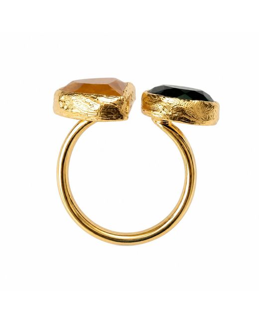 By Ozge Yellow Golden Balance Honey Chalcedony & Onyx Plated Adjustable Ring