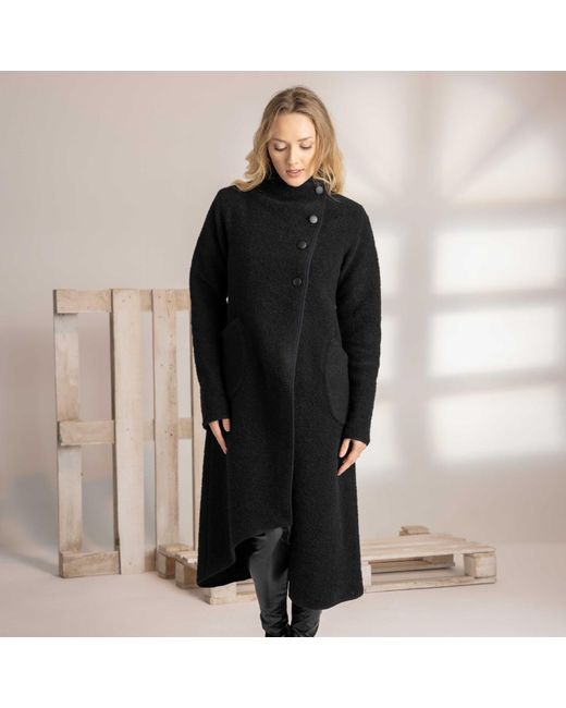 Nikka Place Black Wool Asymmetrical Wrap Cardigan Coat With Buttons And Pockets