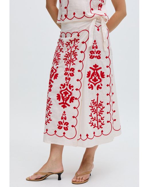 Raffya Fraya Cross Hatch Embroidered Wrap Midi Skirt