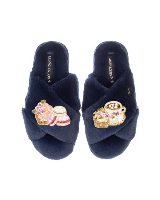 Laines London Blue Classic Laines Slippers With Mother's Day Macaroon Brooches
