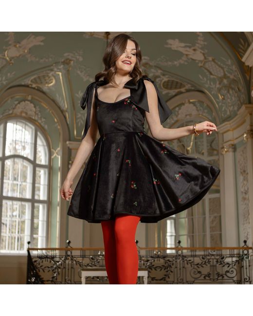 RainSisters Black Velvet Dress With Tie Straps: Berry Swing