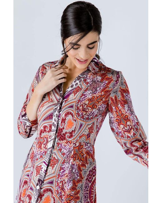 Conquista Red Print Maxi Dress With Buttons