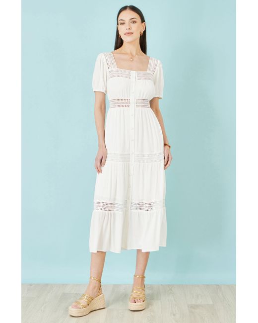 Yumi' White Cotton Square Neckline Lace Midi Dress