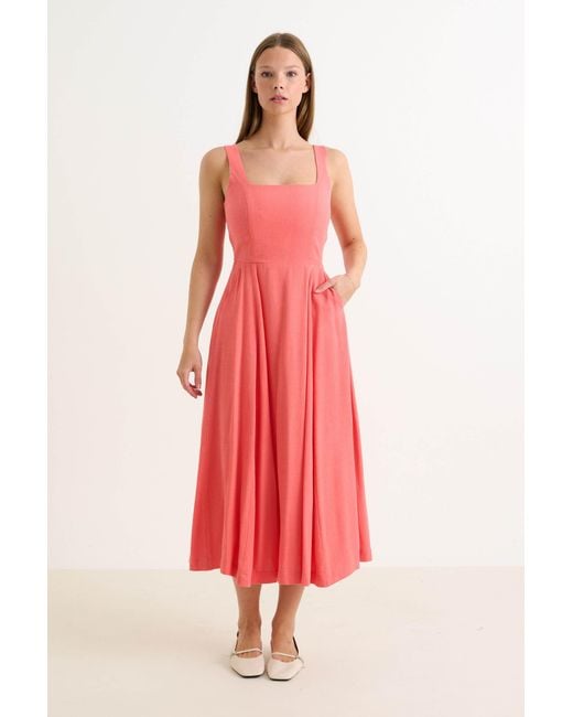 Louche Pink Baya Linen Mix Square Neck Midi Dress