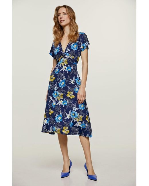 Conquista Blue Print Knot Detail Midi Dress
