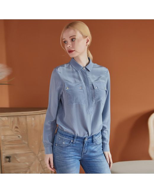 Soft Strokes Silk Blue Pure Silk Long Sleeve Relaxed Fit Blouse Elva