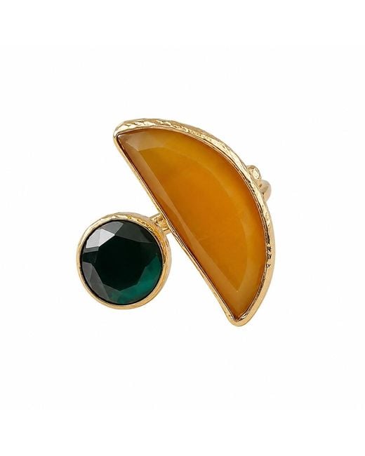By Ozge Yellow Golden Balance Honey Chalcedony & Onyx Plated Adjustable Ring