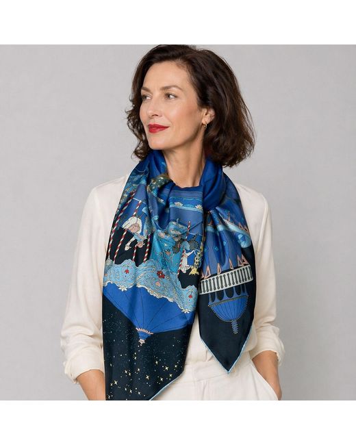 Wenzi Blue Carnival Wonderland Hand Painted Pattern Double Sided Silk Twill Scarf