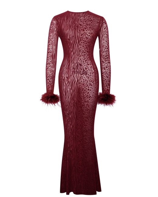 Miss Circle New York Red Patricia Burgundy Leopard Burnout Velvet Mesh Backless Maxi Dress