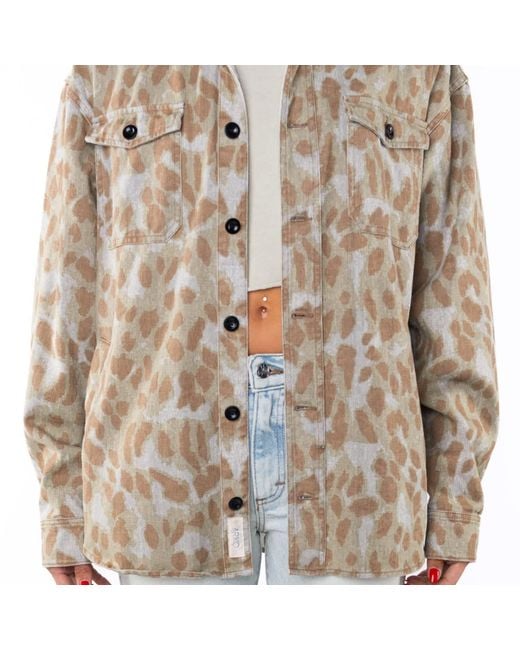 Ariko Metallic Leopard Camo Bucky Split Hem Shirt Jacket