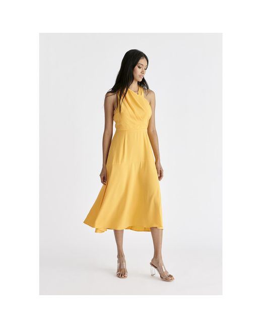 Paisie Asymmetric Neck Midi Dress In Yellow