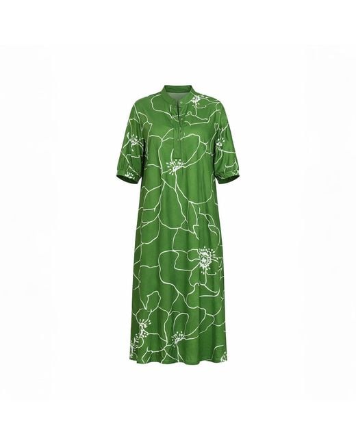 Haris Cotton Green Printed Satin Curve Dress With Mandarin Neck Peonies