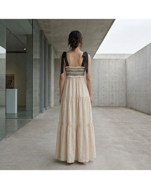 Modenaire Natural Neutrals Lace Trim Maxi Dress Smocked Form
