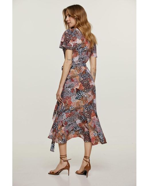 Conquista Orange Animal Print Ruffle Detail Wrap Dress