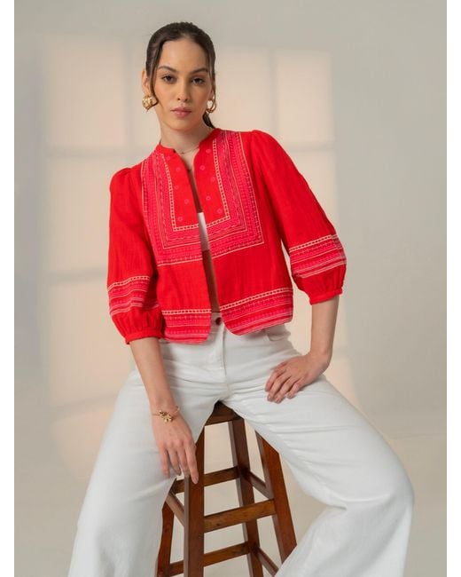 Rose & Nancy Florence Coral Embroidered Easy Throw-On Cotton Jacket