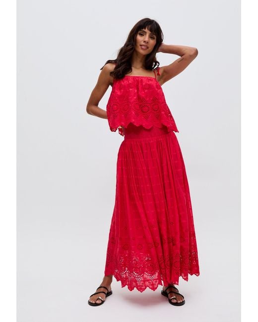 Raffya Mirella Smocked Waist Embroidered Midi Skirt