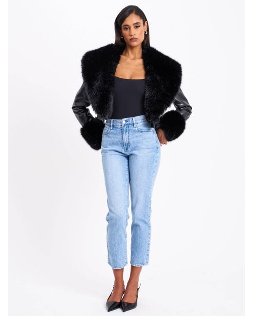 Miss Circle New York Black Ziah Cropped Leather Jacket With Fur Collar